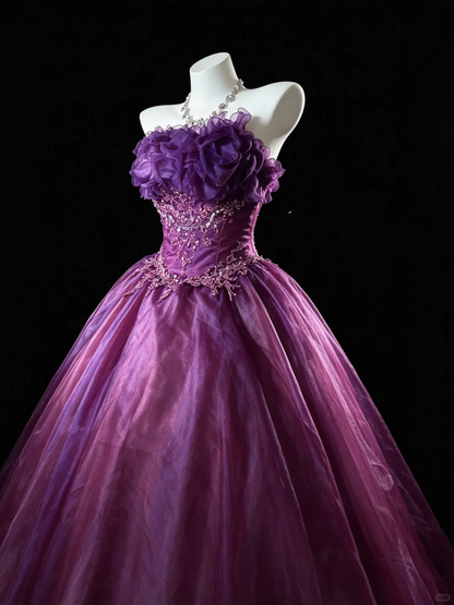 Vintage Strapless Quinceanera Dress Purple Tulle Appliques Beaded Sweet 15 Dress D5269