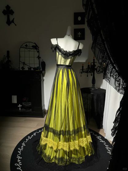 Retro Spaghetti Straps Green Satin Tulle Lace Sequin A Line Long Party Dress Prom Dress D3731