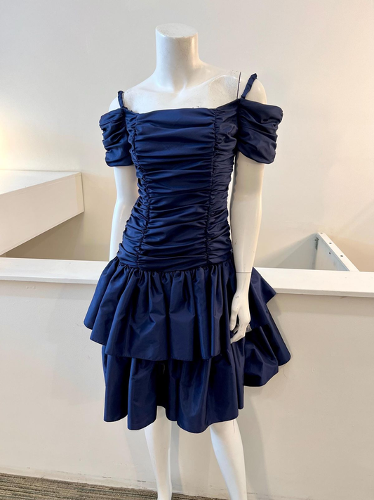 Fashion Navy Blue Satin Pleated Off The Shoulder Short Party Dress Formal 8th Grade Homecoming Dress D095