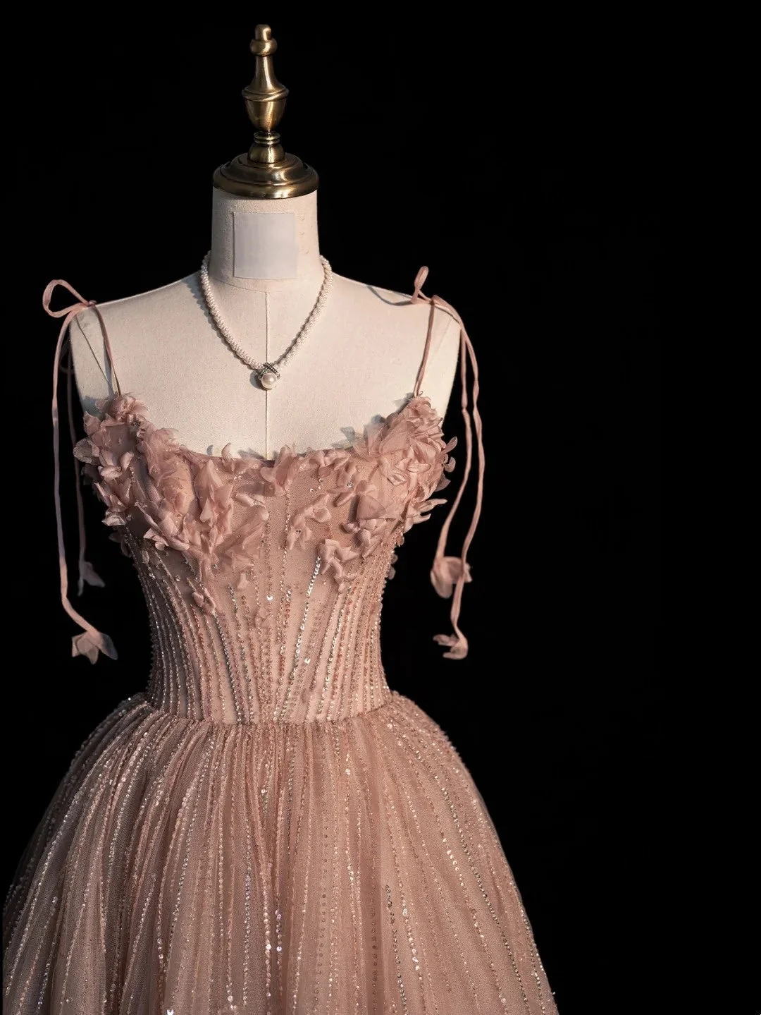 Pretty Spaghetti Strap Pink Tulle Sequin Beaded Appliques Long Birthday Prom Dresses Evening Gowns D4835