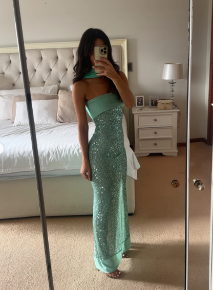 Sparkly Strapless Green Sequin Mermaid Prom Dress Long Party Gown With Ribbon D1032