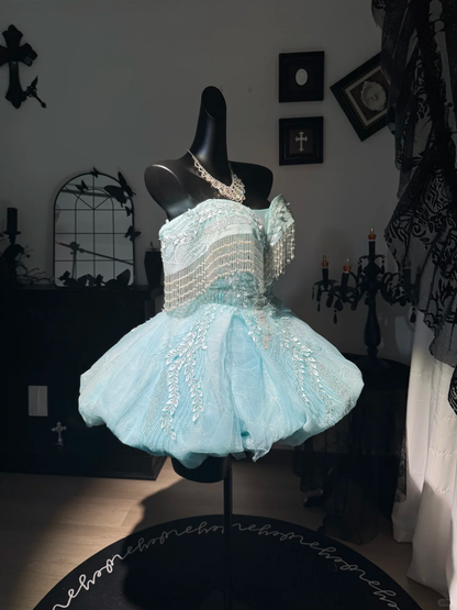 Glamorous Off The Shoulder Tulle Sequin Beaded A Line Homecoming Dress,Blue Mini 16th Birthday Outfits D3020