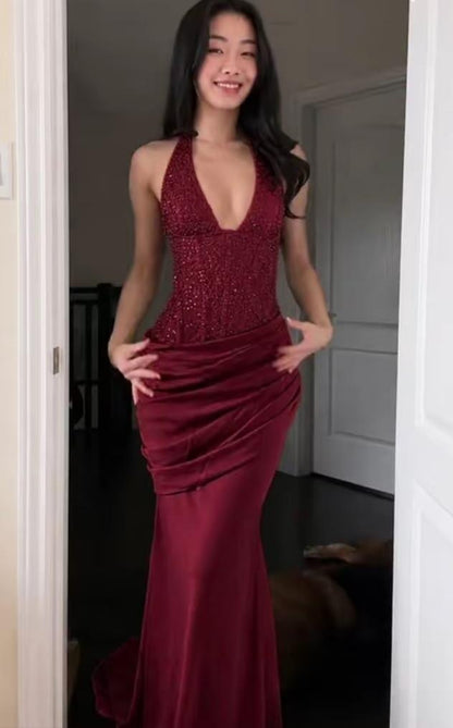 Charming Halter V Neck Burgundy Satin Mermaid Long Evening Dress Prom Dress D5302