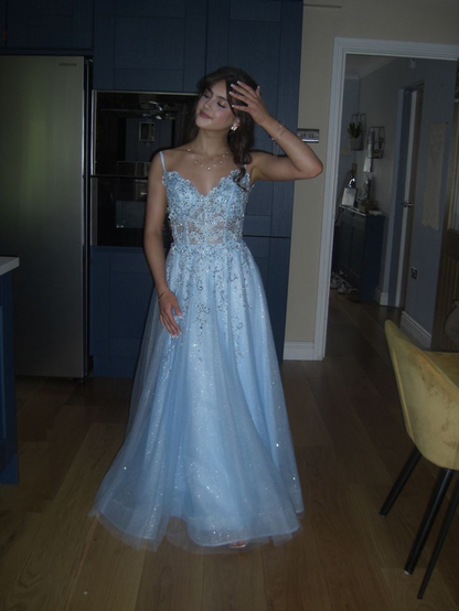 Stunning Spaghetti Strap Light Blue Tulle Sequin Beaded Long Evening Dress Birthday Prom Dress D5438