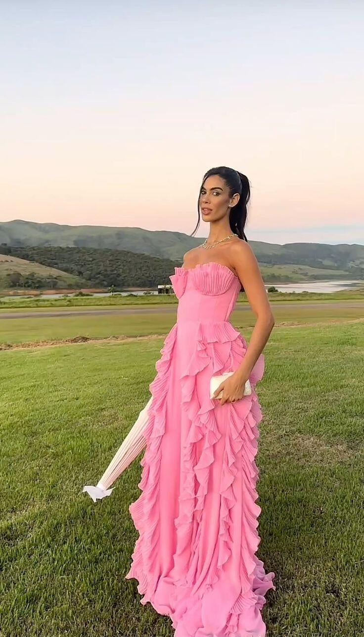 Pretty Strapless Chiffon Ruffled Long Party Dress Pink Long Prom Dress D5047