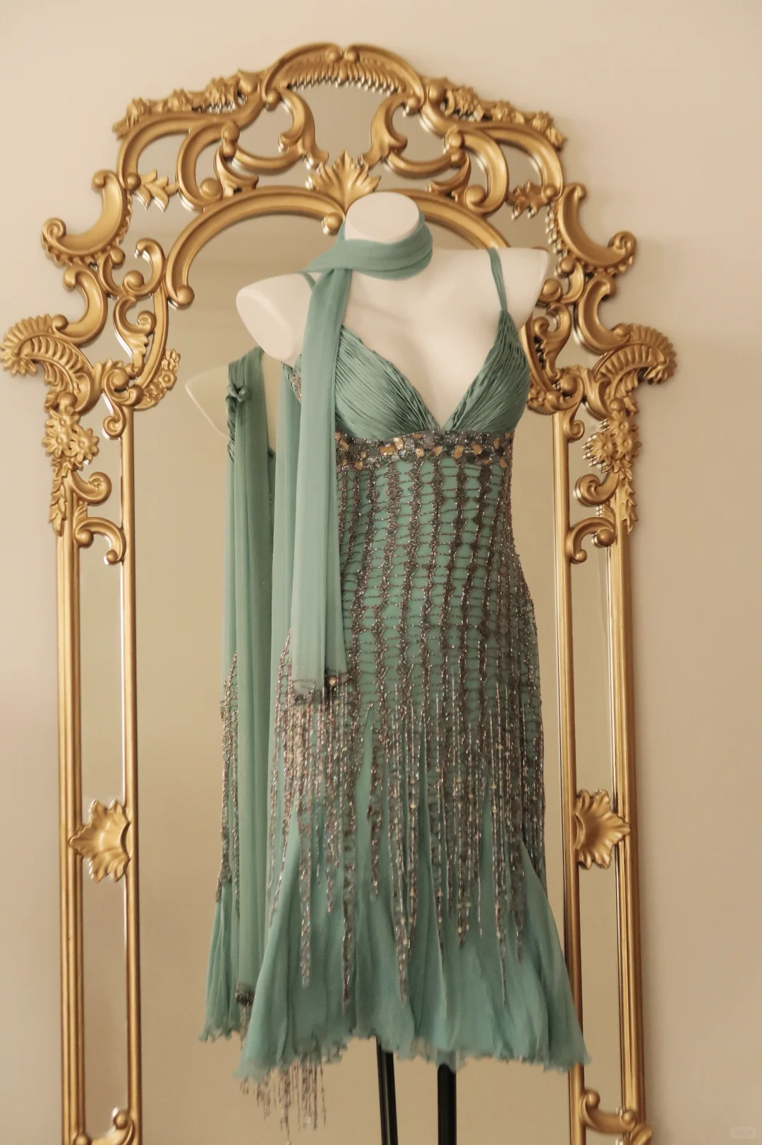 Classy Mint Green Chiffon Beaded Tassel Mermaid Long Party Dress,Spaghetti Straps V Neck Prom Gown With Scarf D2768