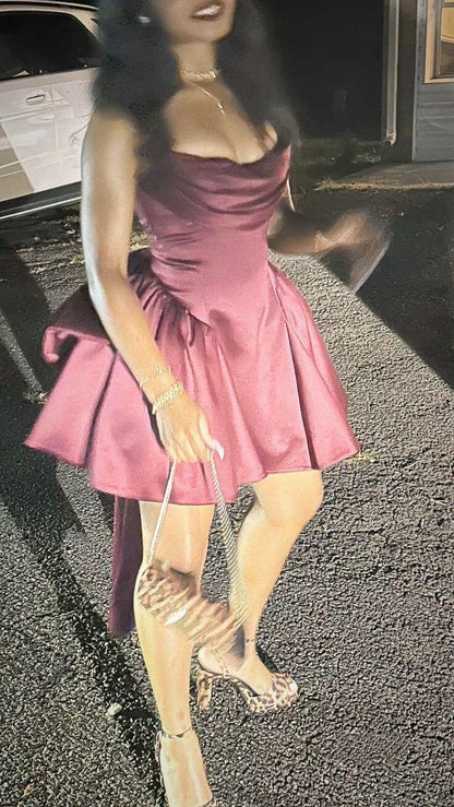 Sexy Burgundy strapless Satin A Line Short 6th Grade Homecoming Dress,Mini Party Dress With Bow D3680