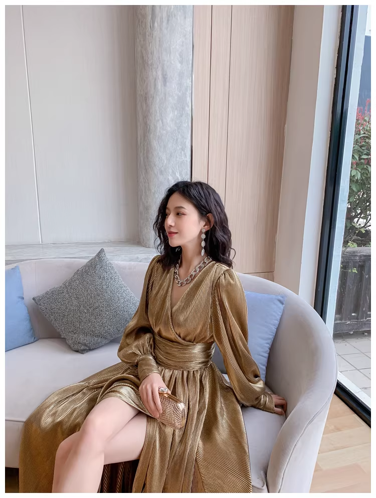Unique Gold V Neck Satin Pleated Slit A Line Long Evening Dress Formal Wedding Guest Dress D2433