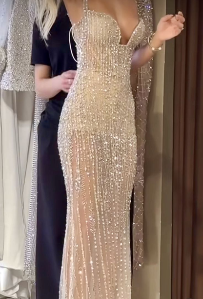 Shiny Spaghetti Straps Champagne Tulle Sequin Mermaid Long Evening Dress Party Gowns D5193