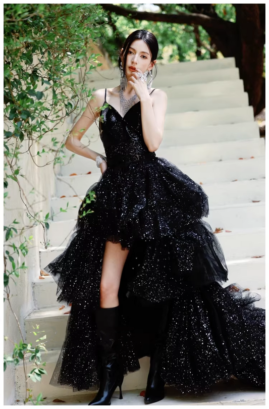 Sparky Black Spaghetti Straps Tulle Sequin Layered Long Birthday Evening Dress Party Dress D2427