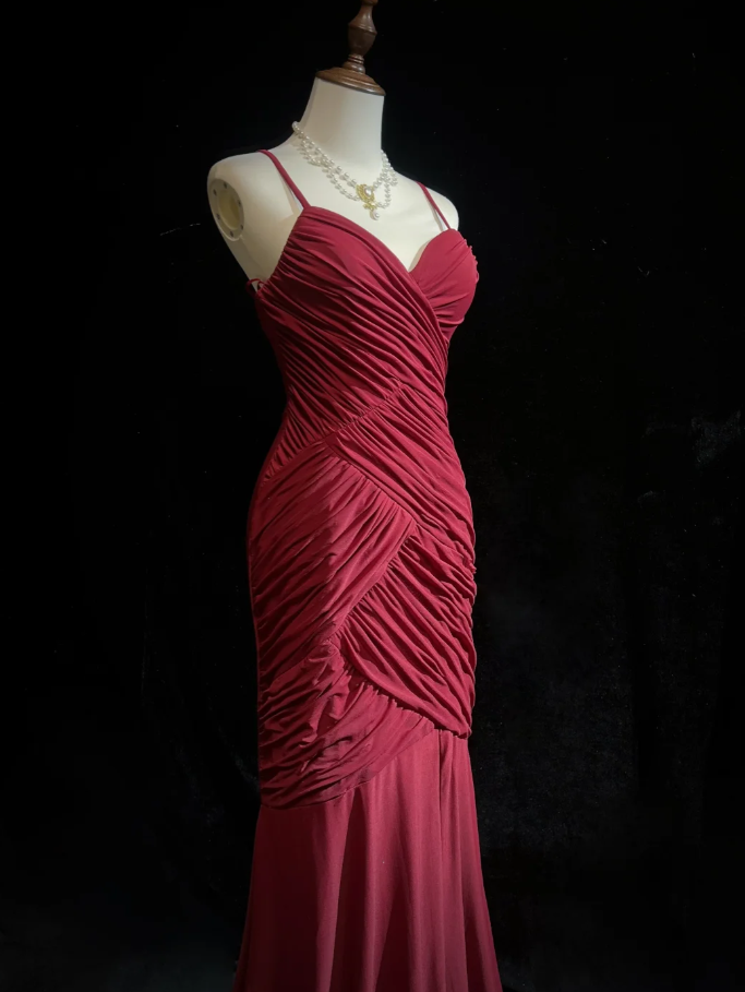 Classy Spaghetti Straps Burgundy Satin Pleated Mermaid Long Party Evening Dress D1991
