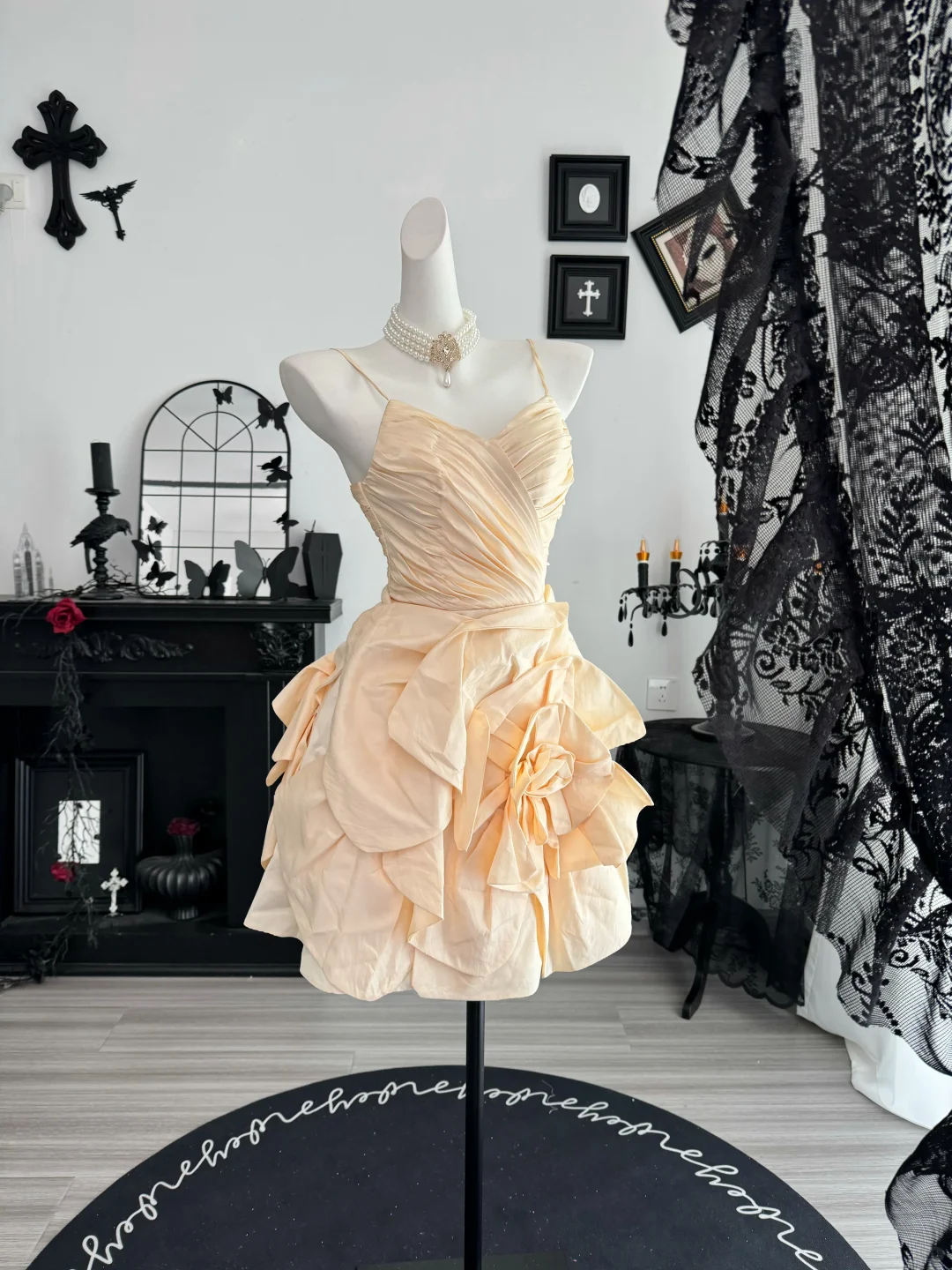 Cute Spaghetti Strap Satin Pleated Floral Short Homecoming Dress Birthday Dress D4609