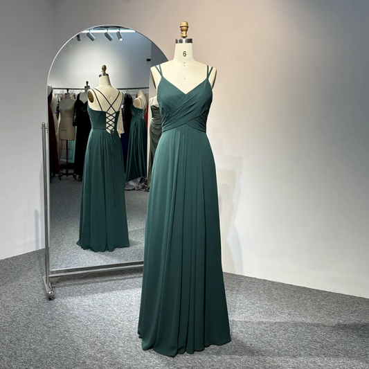 Elegant Spaghetti Straps V Neck Dark Green Chiffon Long Wedding Guest Dress Formal Bridal Dress D2025