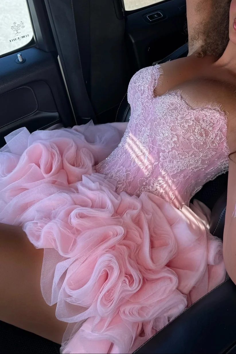 Glamorous Strapless Corset Tulle Ruffle Mini Birthday Dress,Pink Short Graduation Homecoming Dress D4251