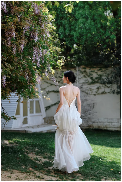 Pretty Spaghetti Straps White Tulle Lace Mermaid Long Prom Dress Evening Gown D2422