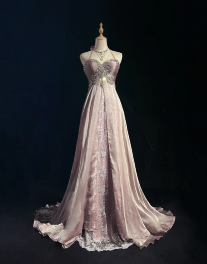 Glamorous Pink Halter Satin Lace Beaded Mermaid Evening Dress Long Birthday Prom Dress Party Gown D2069