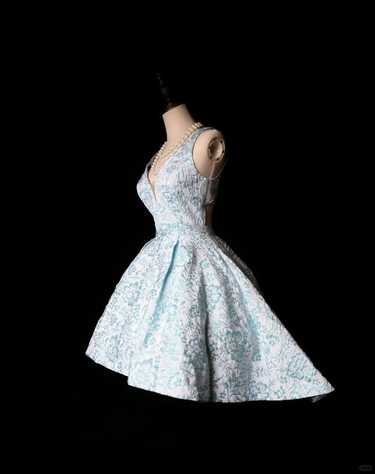 Gorgeous V Neck Blue Satin Print Floral A Line Homecoming Dress Short Party Dress D3254