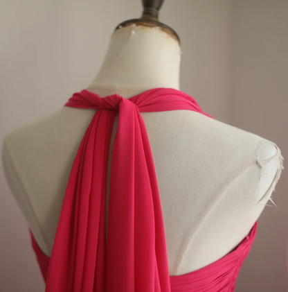 Glamorous Halter Hot Pink Satin Chiffon Mermaid Long Party Dress Formal Birthday Prom Gowns With Cape D2329