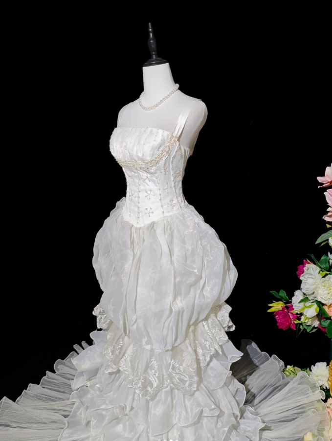 Classy Spaghetti Straps White Satin Tulle Layered Ruffles Long Mermaid Evening Dress Birthday Party Dress D2362