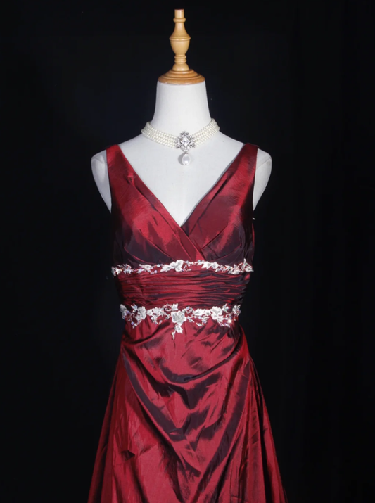 Vintage Burgundy V Neck Satin Embroidery Floral Mermaid Long Wedding Guest Dress Formal Birthday Evening Gown D2285