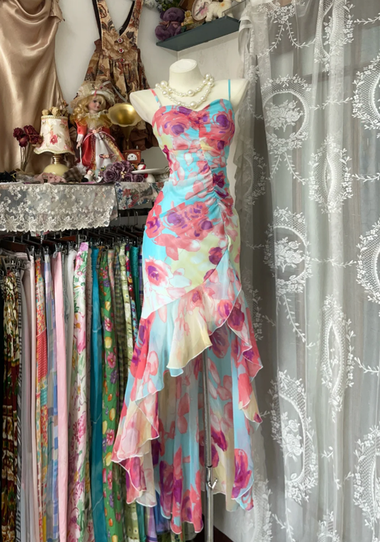 Unique Spaghetti Straps Chiffon Print Floral Ruffles Mermaid Evening Dress Long Birthday Prom Dress D1519