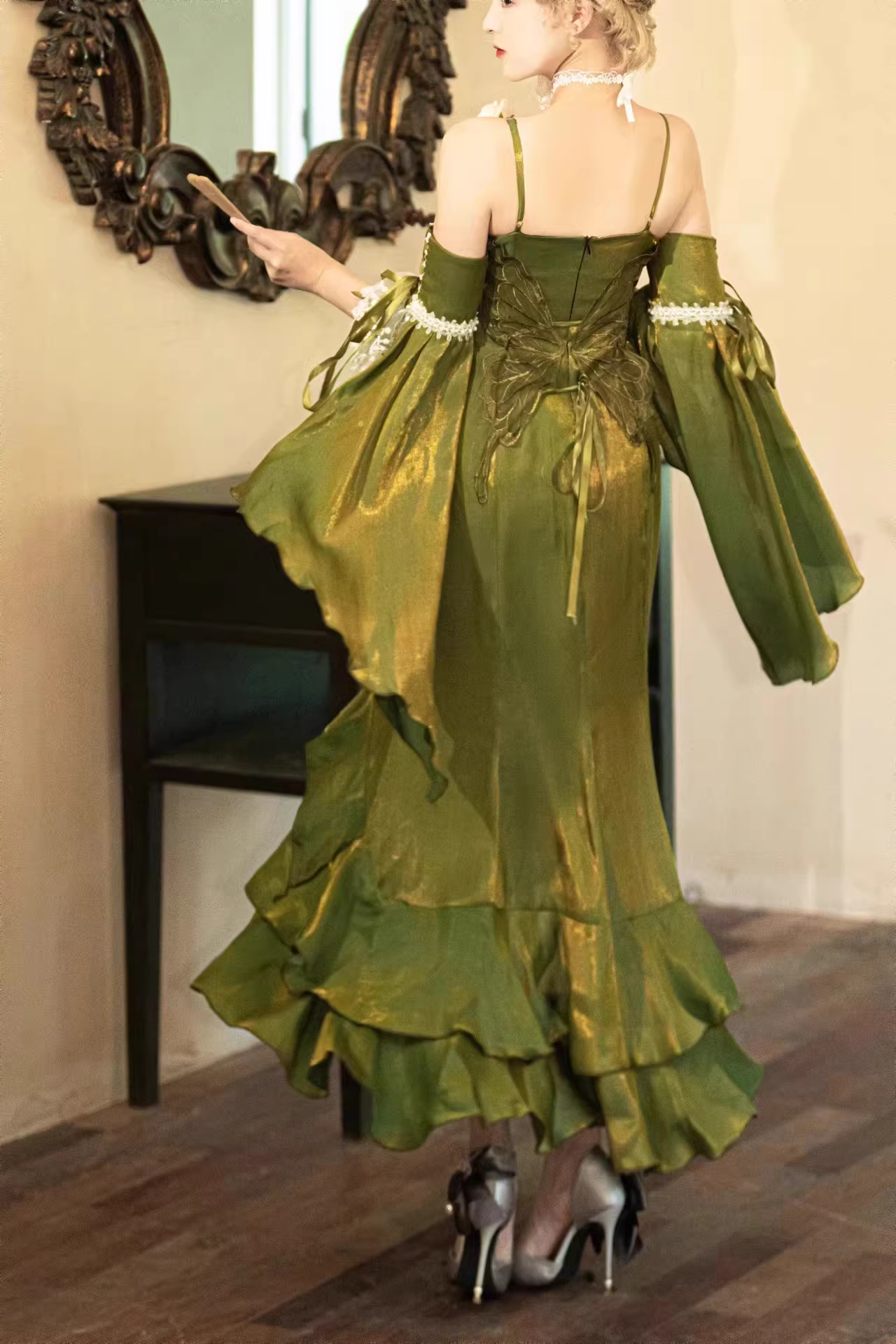 Retro Mermaid Spaghetti Straps High Low Long Party Dress Green Prom Dresses SD2412