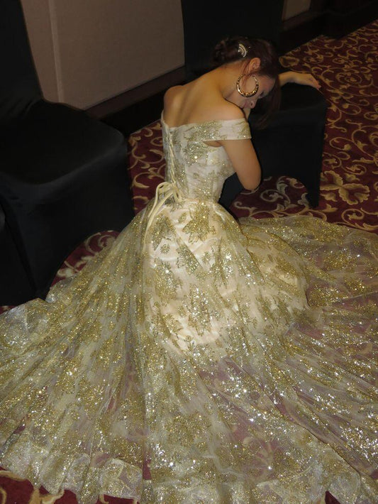 Sparkly Off The Shoulder Tulle Sequin Long Party Dress,Gold Birthday Evening Gown D3816