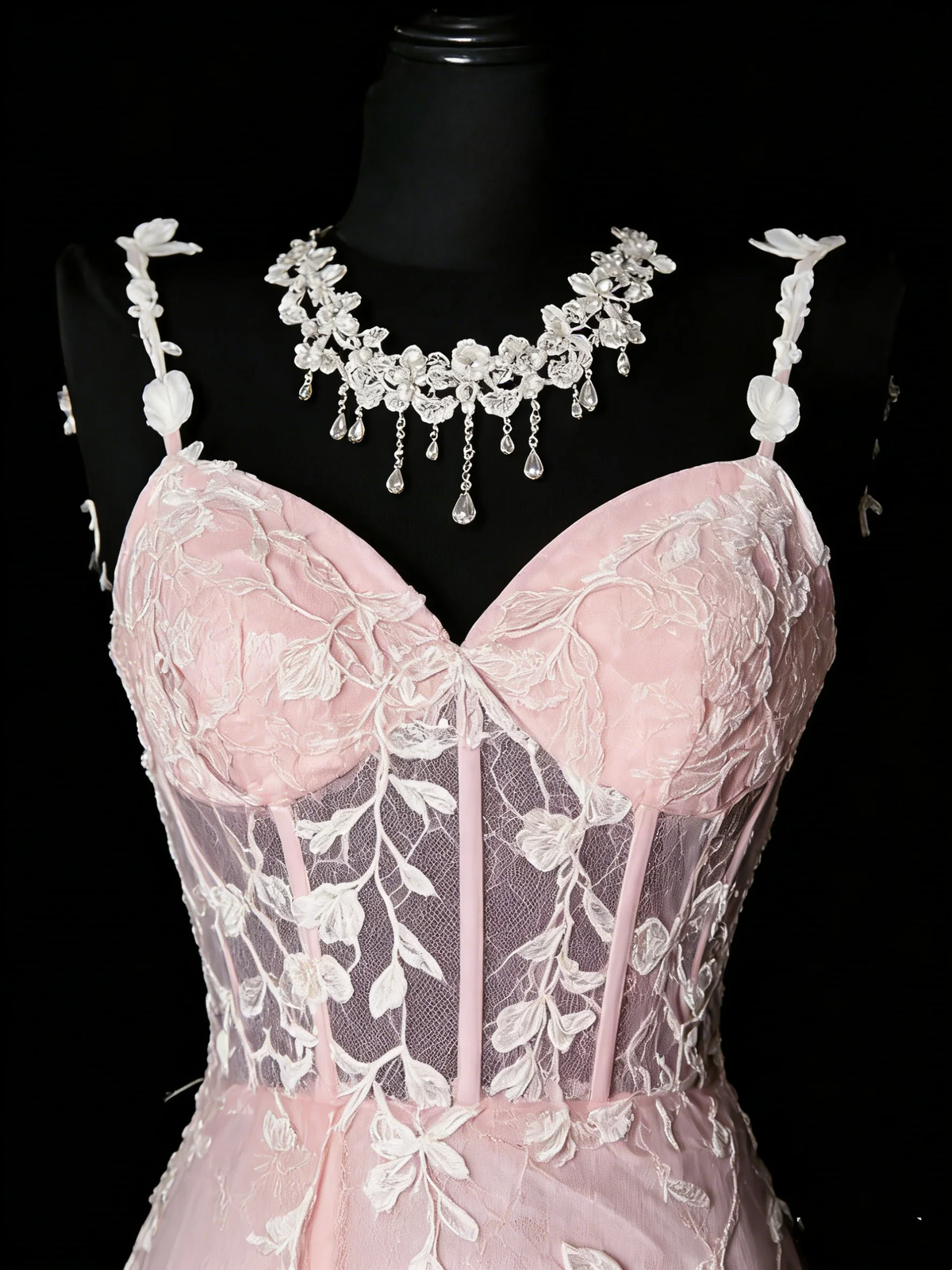 Pretty Spaghetti Straps Tulle Lace Applique Long Prom Dress Pink Mermaid Evening Dress D4885