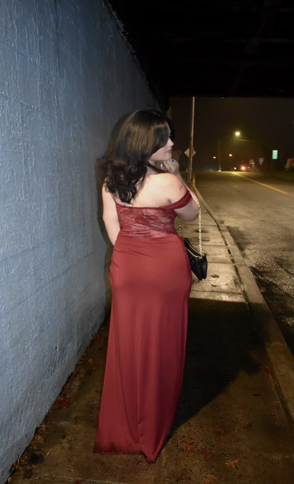 Sexy Burgundy Satin Lace Mermaid Long Evening Dress Birthday Prom Dresses D4282