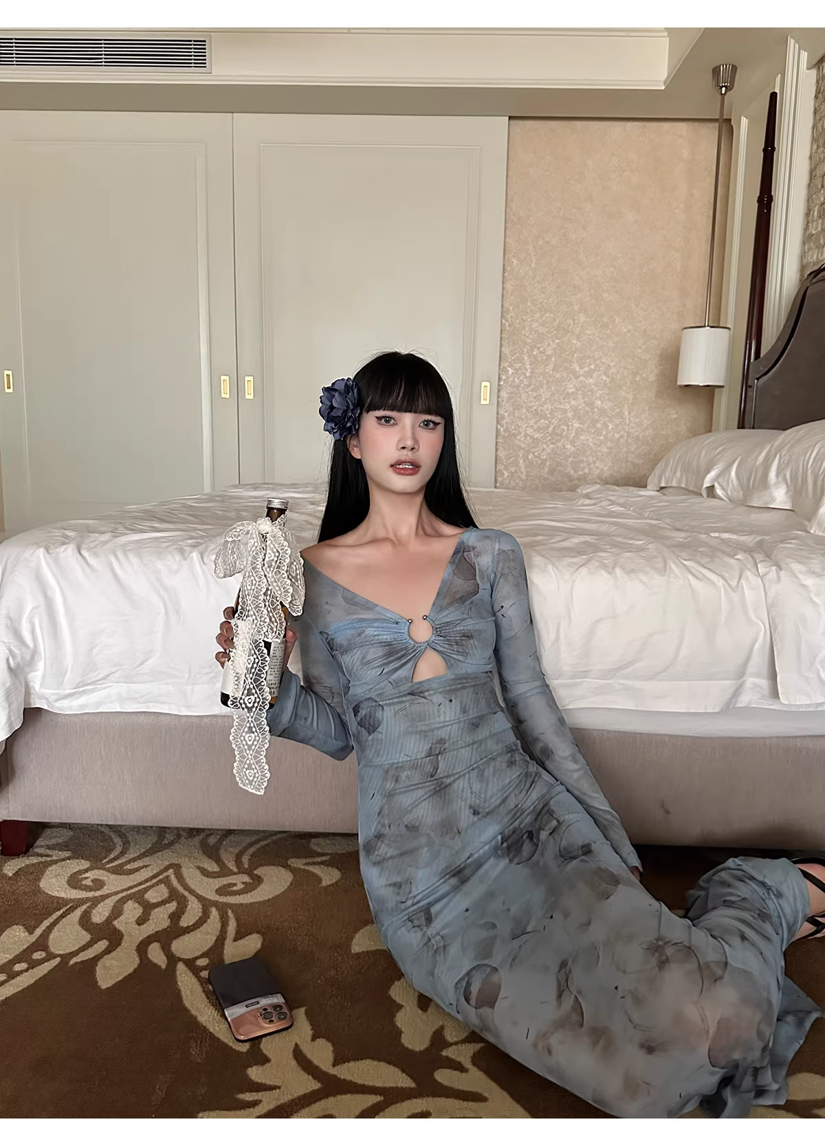 Charming V Neck Blue Lace Sheath Long Evening Dress Formal Wedding Guest Dress D2081