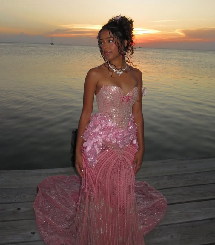 Glamorous Strapless Tulle Sequin Floral Mermaid Long Evening Dress Pink Long Birthday Prom Dress D4690