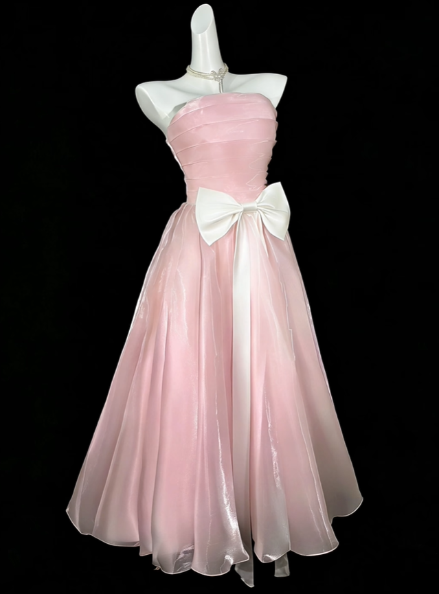 Sweet Pink Strapless Bow Tulle A Line Long Prom Dress Birthday Party Dress D4191
