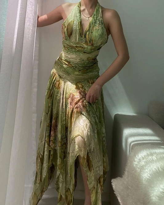 Vintage Halter Green Chiffon Print Floral Mermaid Long Evening Dress Birthday Dress D2970