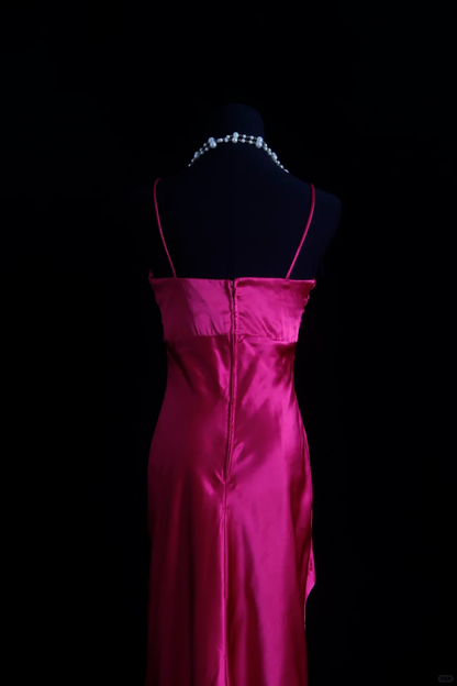 Pretty Spaghetti Straps Hot Pink Satin Beaded Mermaid Long Party Dress Birthday Dress D2849