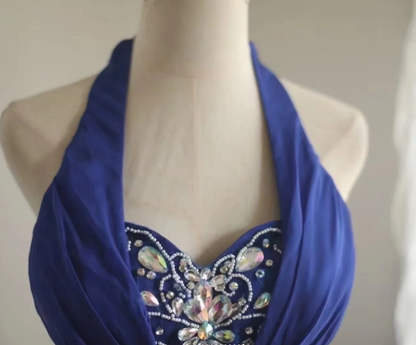 Stylish Halter Royal Blue Chiffon Beaded Long Evening Dress Formal Wedding Guest Dress Prom Gown D2201