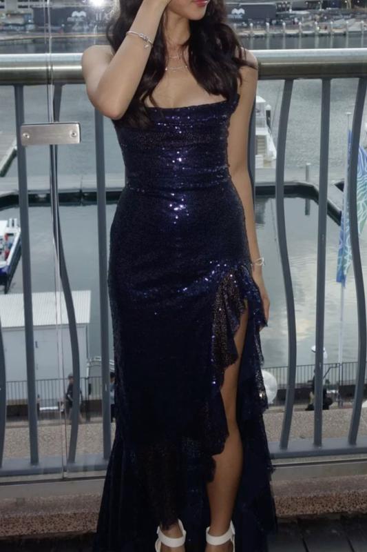Sparkly Navy Blue Sequin Ruffles Slit Mermaid Evening Dress Long Wedding Guest Dress D1677