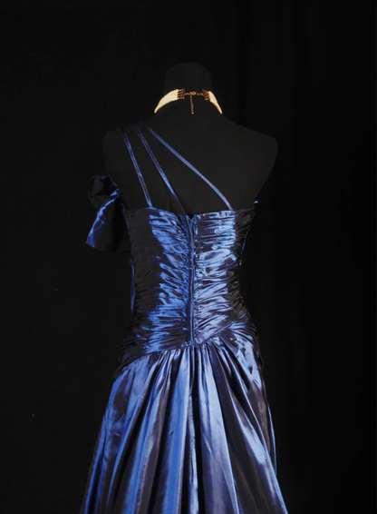 Elegant One Shoulder Satin Pleated Beaded Mermaid Evening Dress Navy Blue Long Party Dress D2225