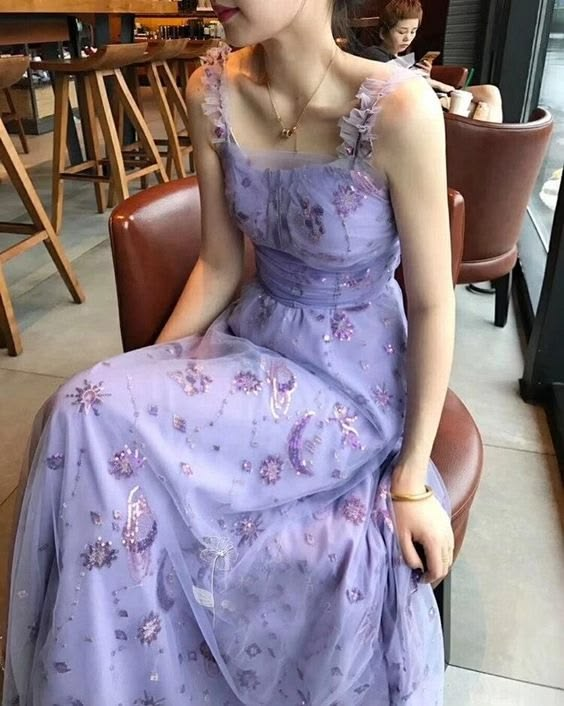 Sweet Lilac Tulle Sequin A Line Long Party Dress Prom Gown D3483