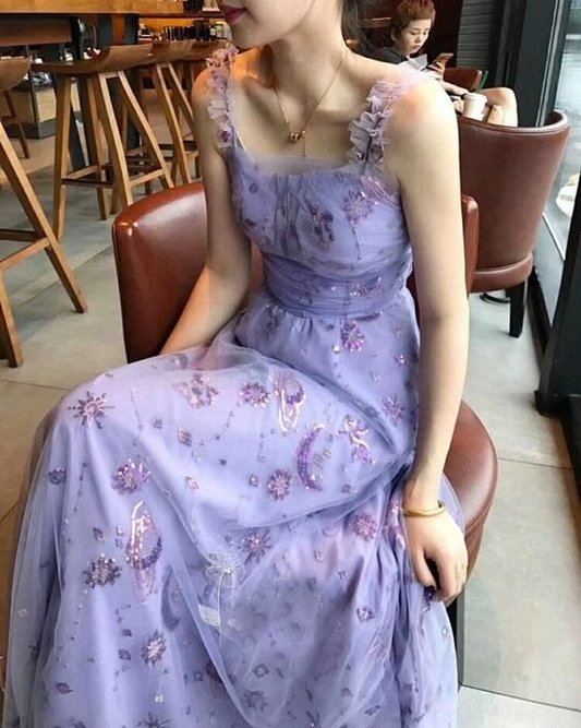 Sweet Lilac Tulle Sequin A Line Long Party Dress Prom Gown D3483