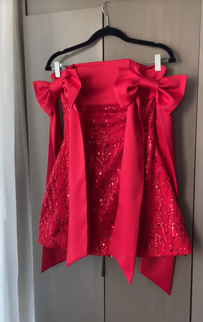 Pretty Red Bow Straps Satin Sequin Short Homecoming Dress Cocktail Dress D3948