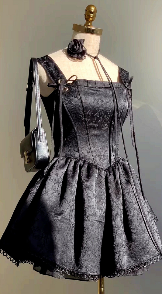 Vintage Black Satin Print Floral A Line Short Prom Dress Formal Graduation Homecoming Dress D413