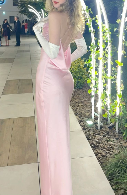 Classy Spaghetti Straps Pink Satin Backless Sheath Long Wedding Guest Dress Birthday Party Dress D1631