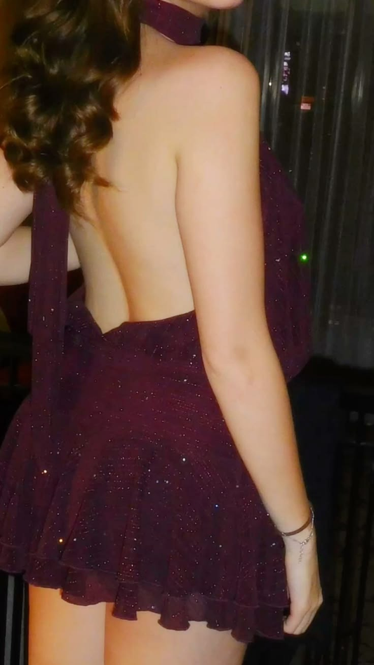 Glitter Burgundy Tulle Halter Backless Ruffle Mini Birthday Outfit Formal Homecoming Dress D3166
