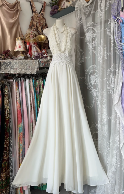 Elegant Halter V Neck Lace Chiffon Mermaid Evening Dress White Long Party Dress D1286