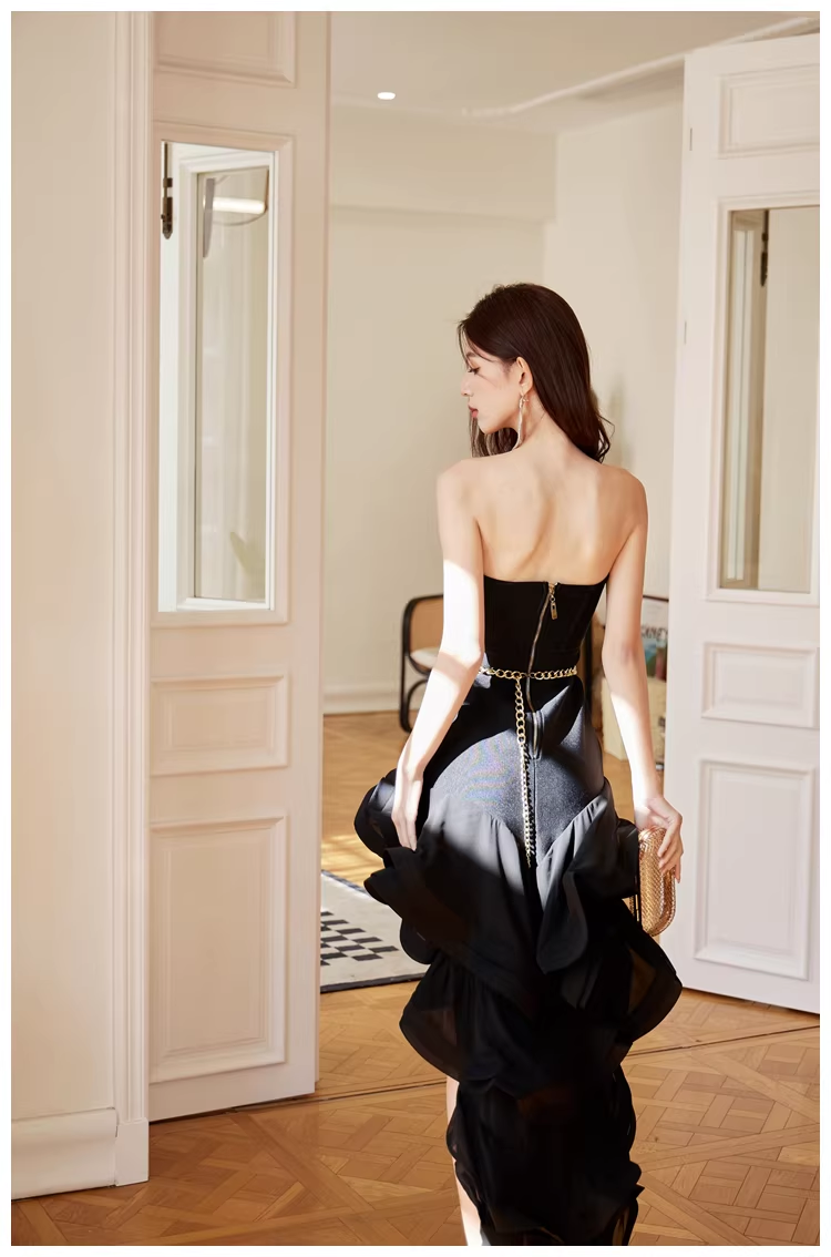 Sexy Strapless Black Ruffle Irregular Swallowtail Hem Birthday Dress Long Evening Gown D2415