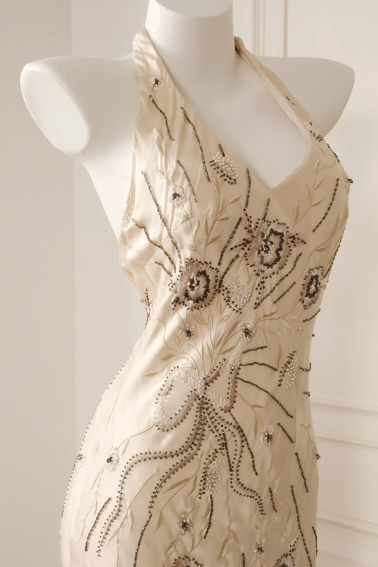 Stylish Halter V Neck Satin Embroidery Beaded Mermaid Evening Dress Backless Long Prom Gown D2718