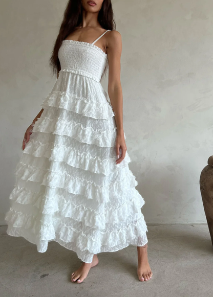Classy A line Spaghetti Straps White Lace Long Evening Dress Prom Dresses SD2069
