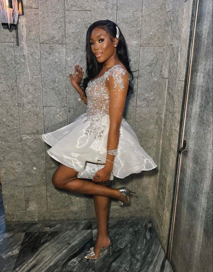 Elegant White Organza Beaded A Line Short Homecoming Dress Birthday Outfit D4451