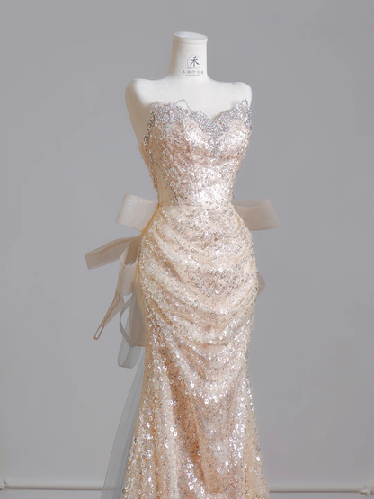 Glitter Strapless Tulle Sequin Beaded Mermaid Long Party Dress Birthday Evening Dress D2500