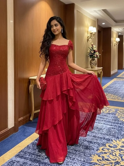 Charming Red Sequin Chiffon Layered A Line Long Party Dress Prom Dresses D4817